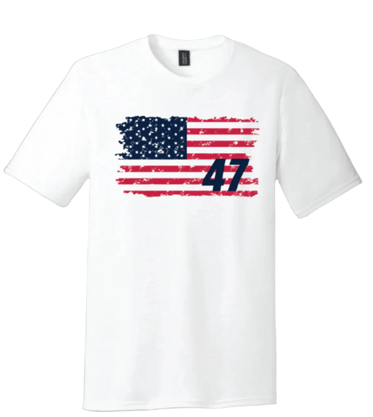 White shirt with Red and Blue Distressed Flag and 47